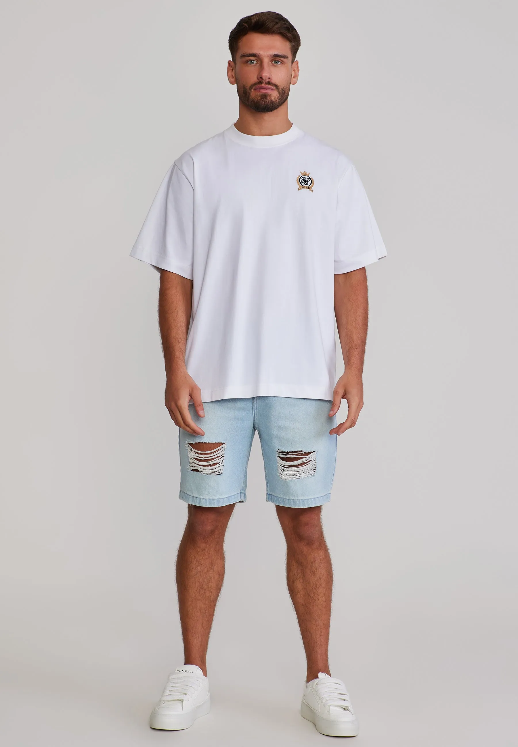 Washed Light Blue Distressed Denim Shorts sold by Siksilk product image thumbnail 2