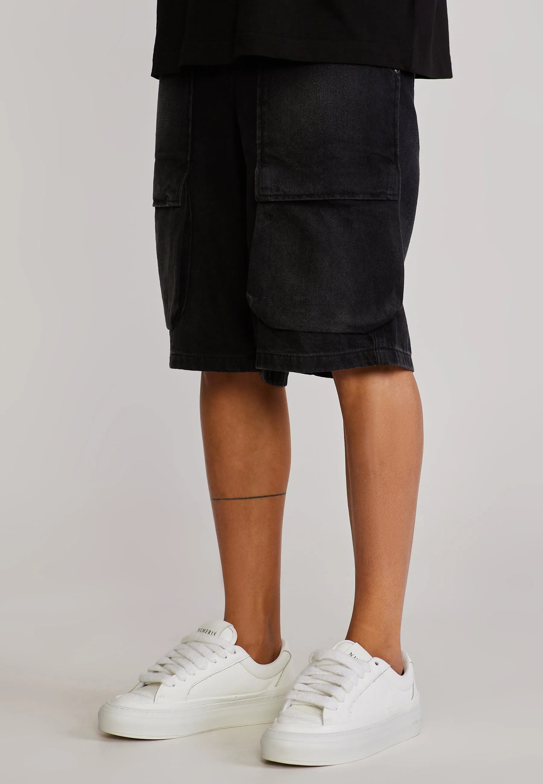 Washed Black Denim Cargo Shorts sold by Siksilk
