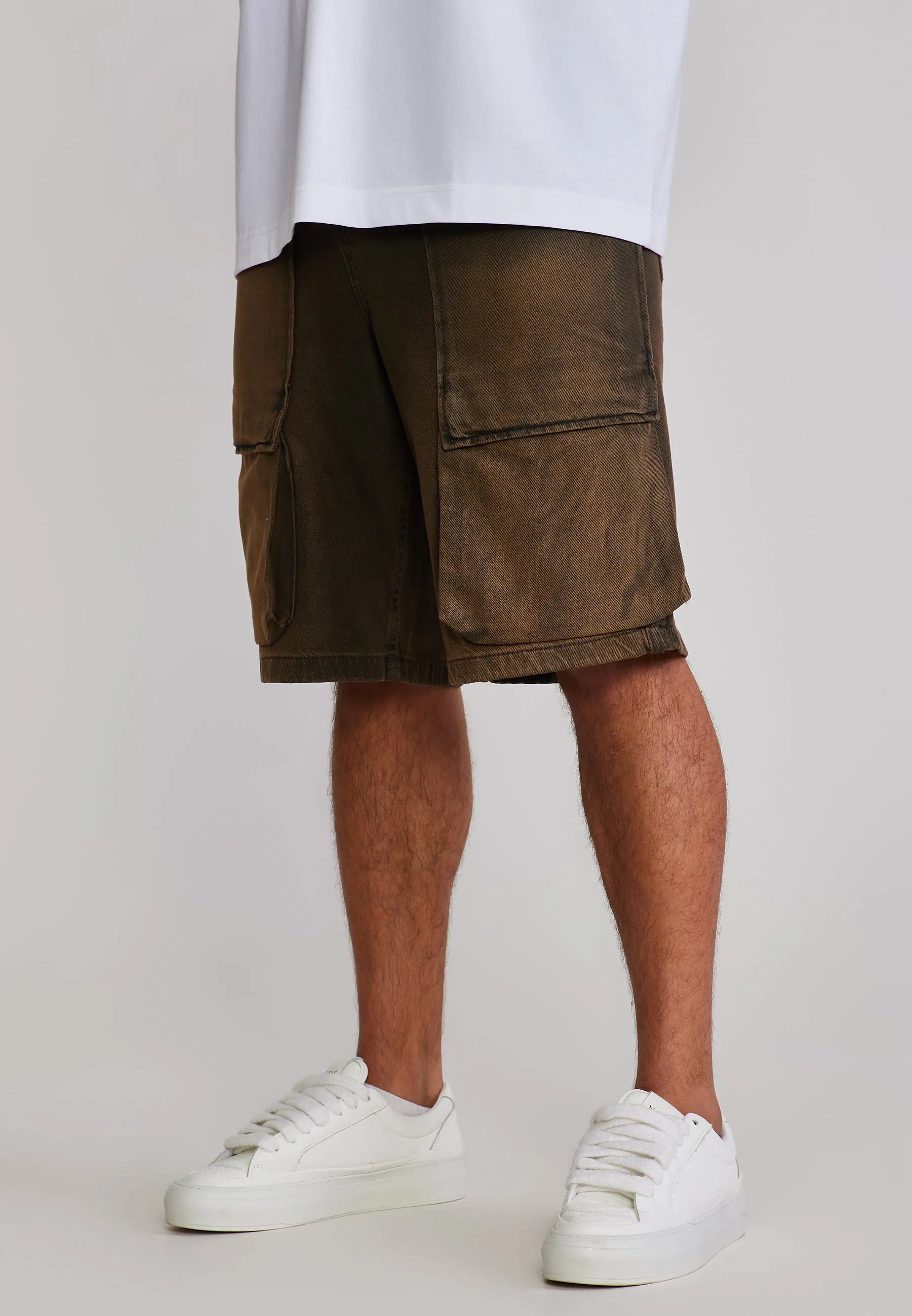 Washed Brown Denim Cargo Shorts sold by Siksilk