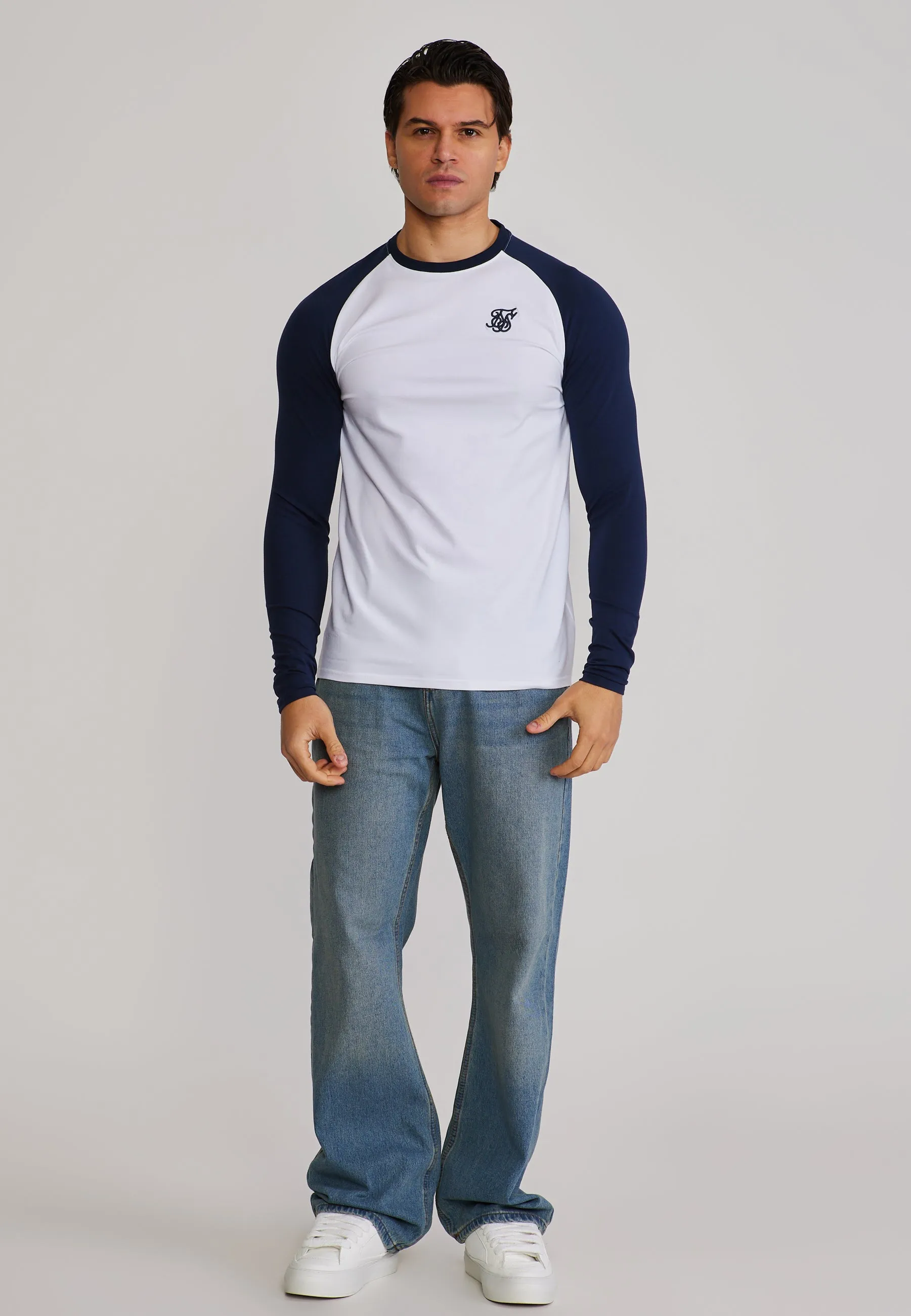 White and Navy LS Muscle Fit T-Shirt sold by Siksilk product image thumbnail 3