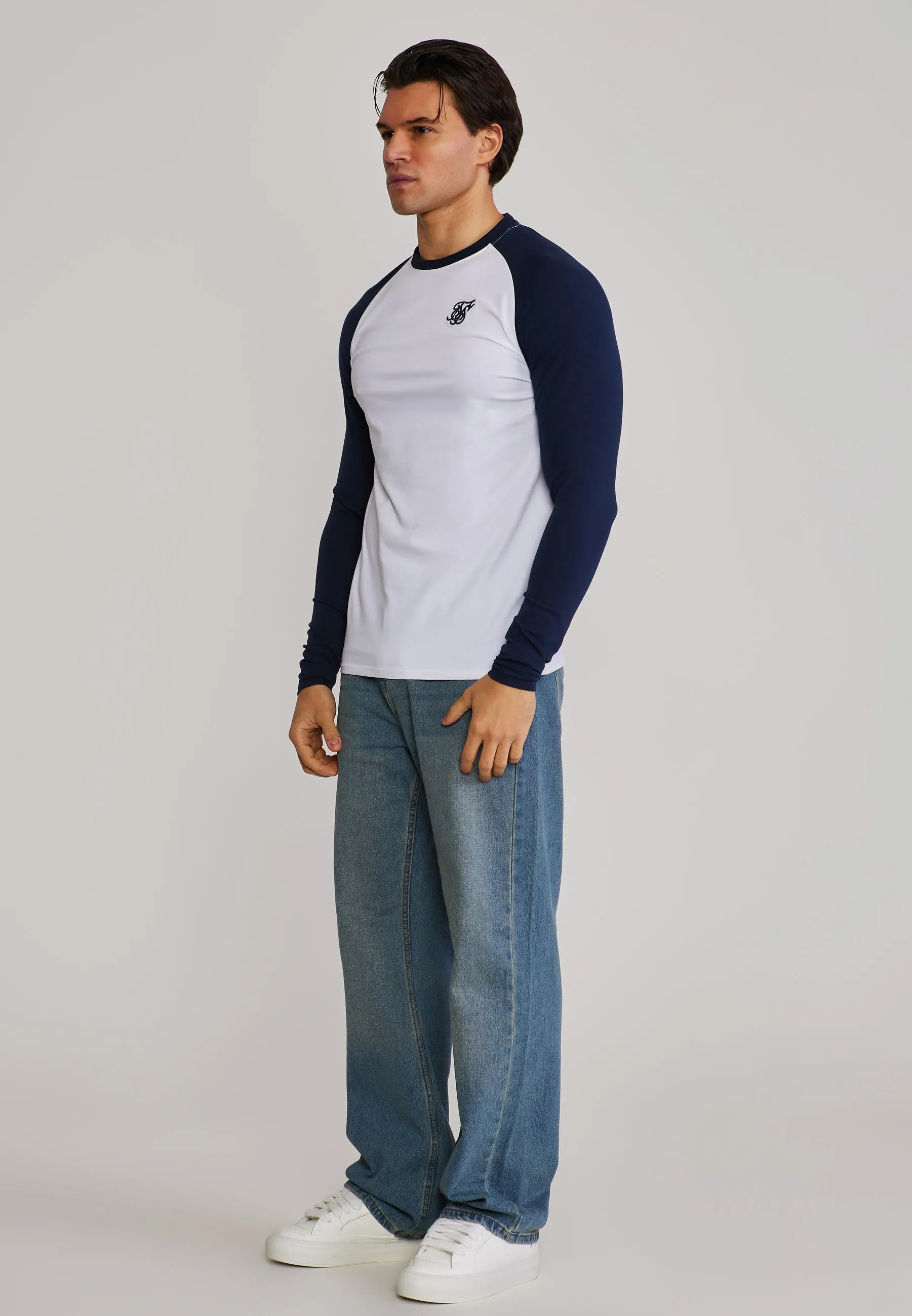 White and Navy LS Muscle Fit T-Shirt sold by Siksilk product image thumbnail 4