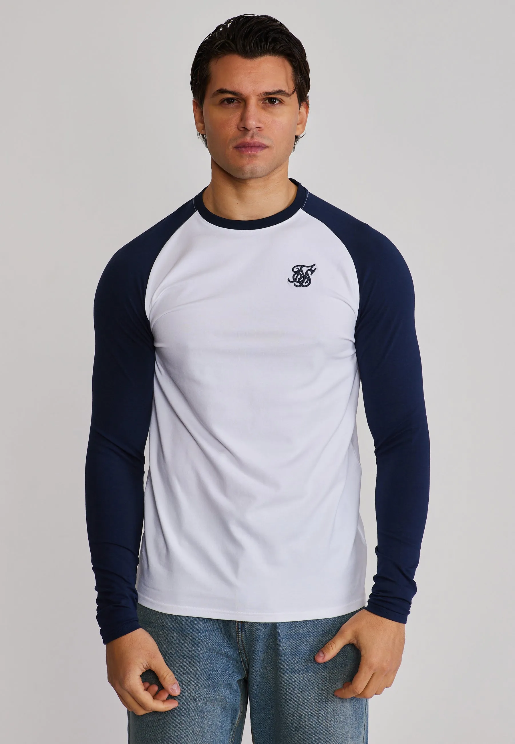 White and Navy LS Muscle Fit T-Shirt sold by Siksilk
