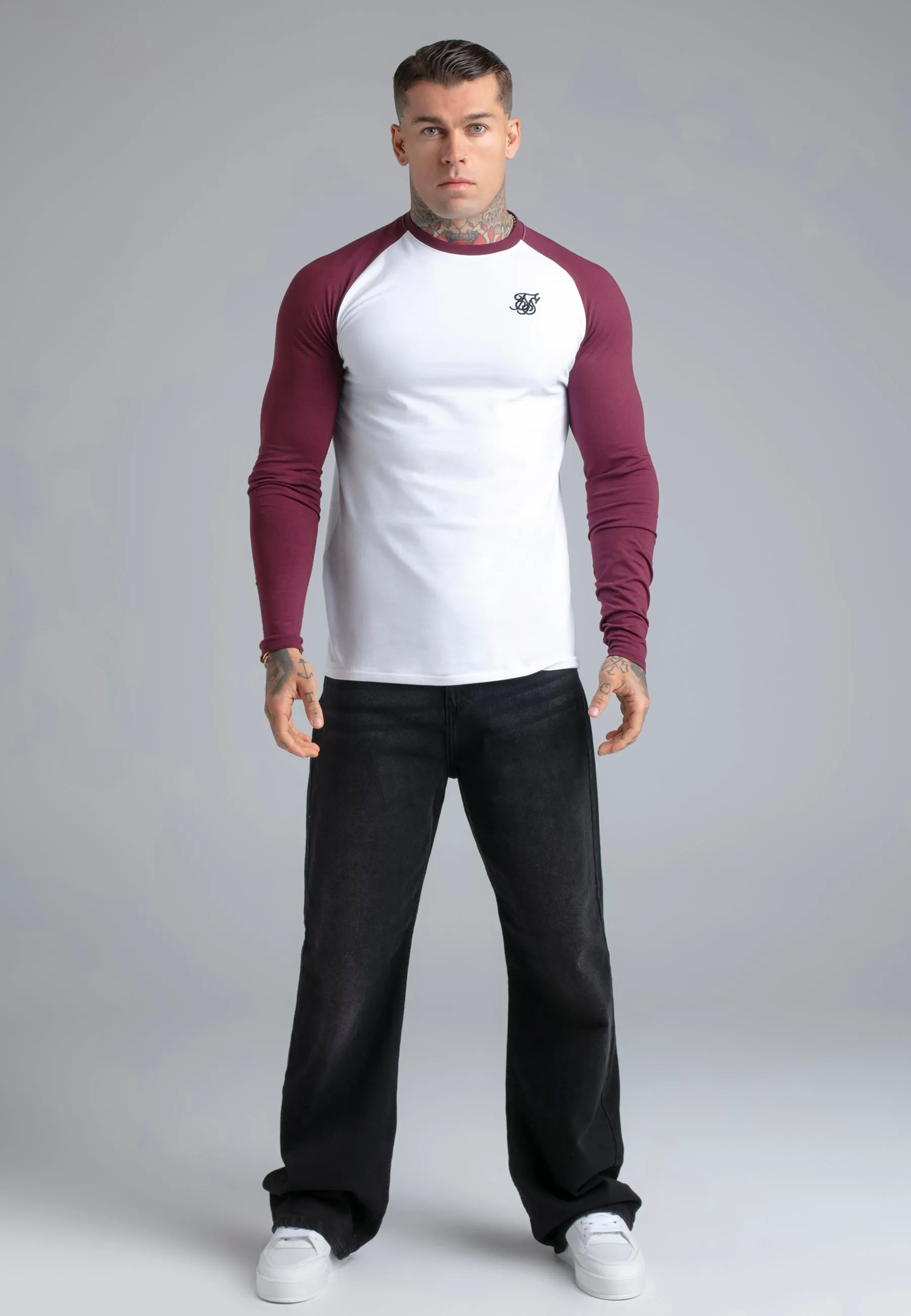 White and Burgundy LS Muscle Fit T-Shirt sold by Siksilk product image thumbnail 3