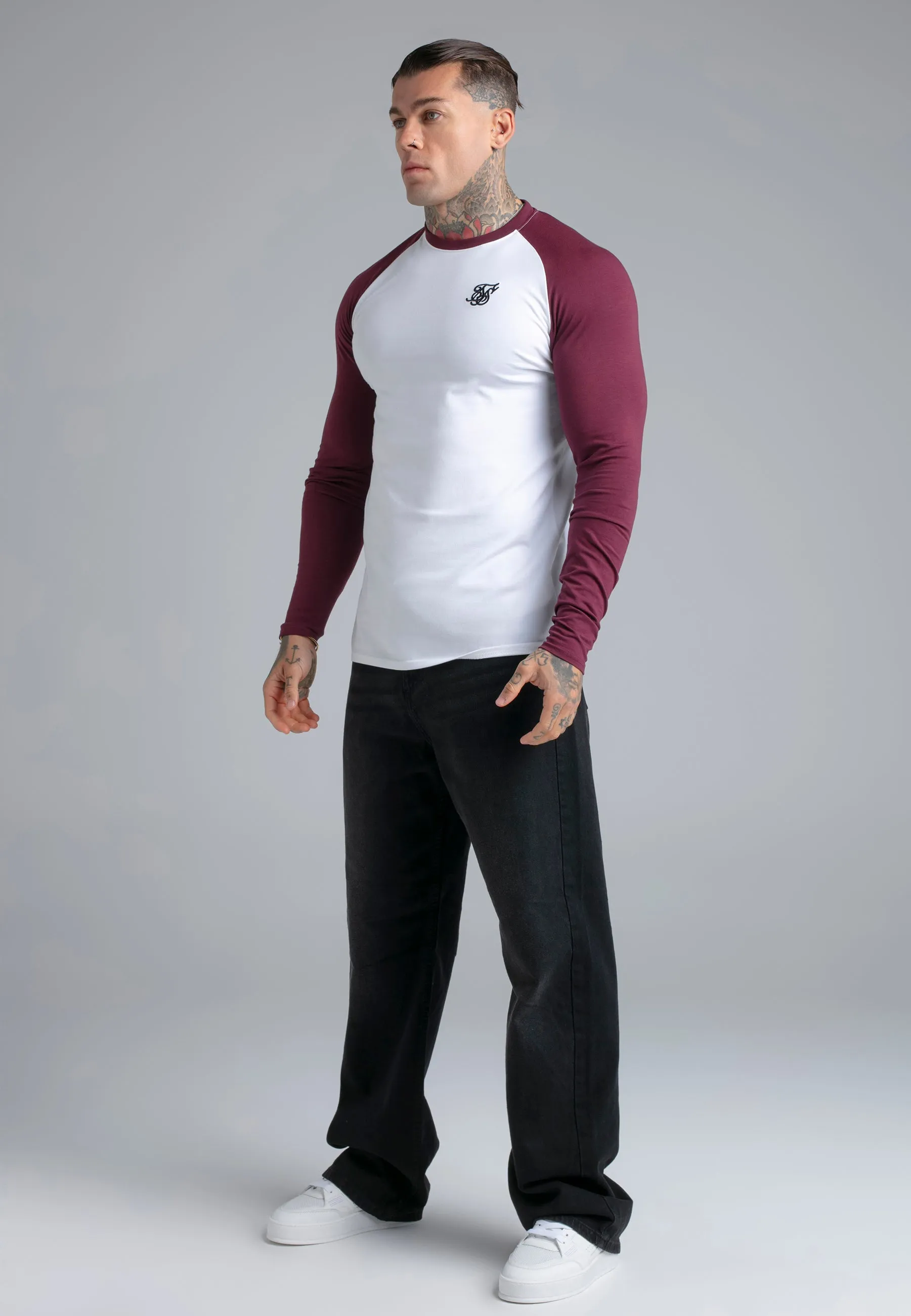 White and Burgundy LS Muscle Fit T-Shirt sold by Siksilk product image thumbnail 4
