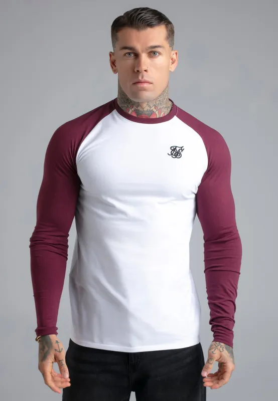 White and Burgundy LS Muscle Fit T-Shirt made by Siksilk