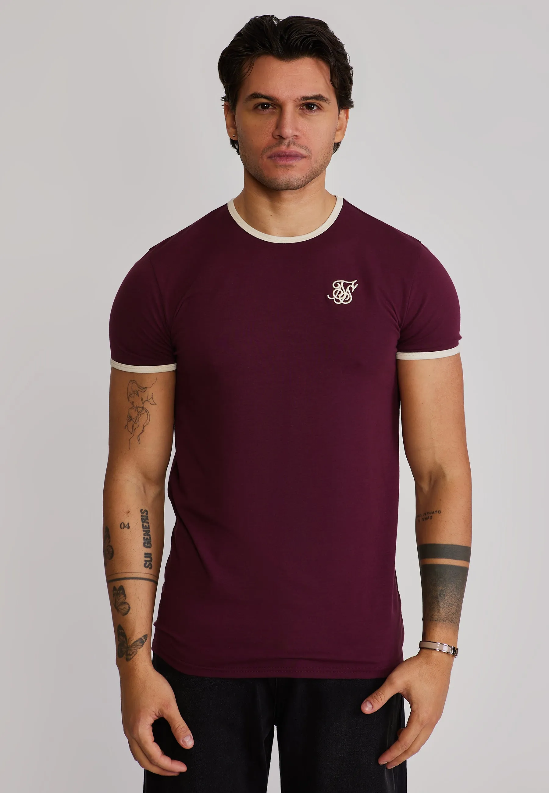 Burgundy and Ecru Ringer T-Shirt sold by Siksilk