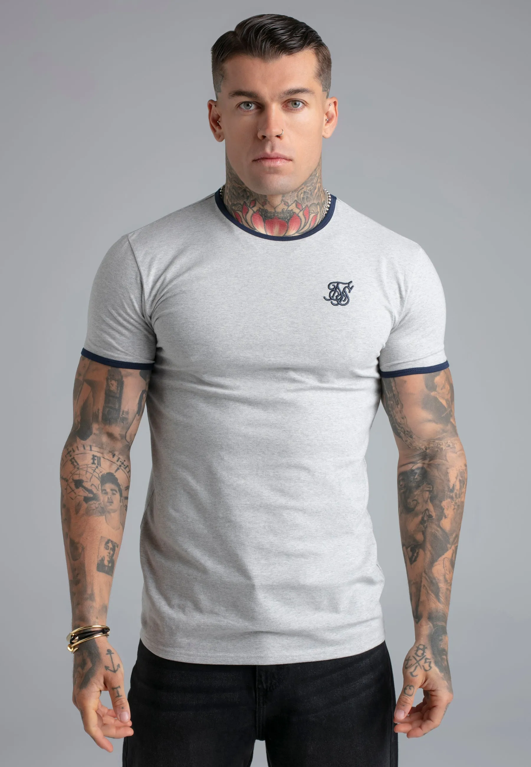 Grey Marl and Navy Ringer T-Shirt sold by Siksilk