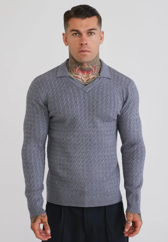 Grey Marl LS Knitted Polo T-Shirt made by Siksilk