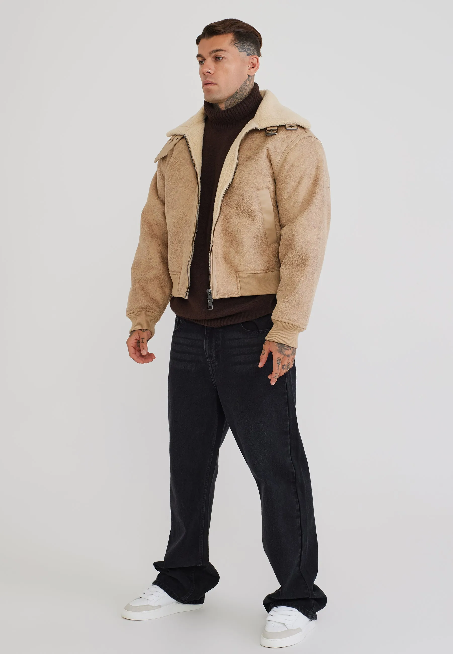 Beige Aviator Bomber Jacket sold by Siksilk product image thumbnail 4