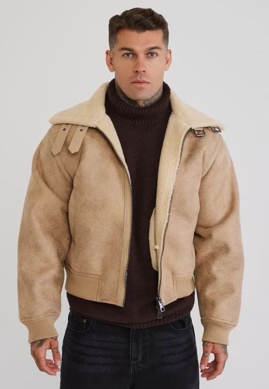 Beige Aviator Bomber Jacket made by Siksilk