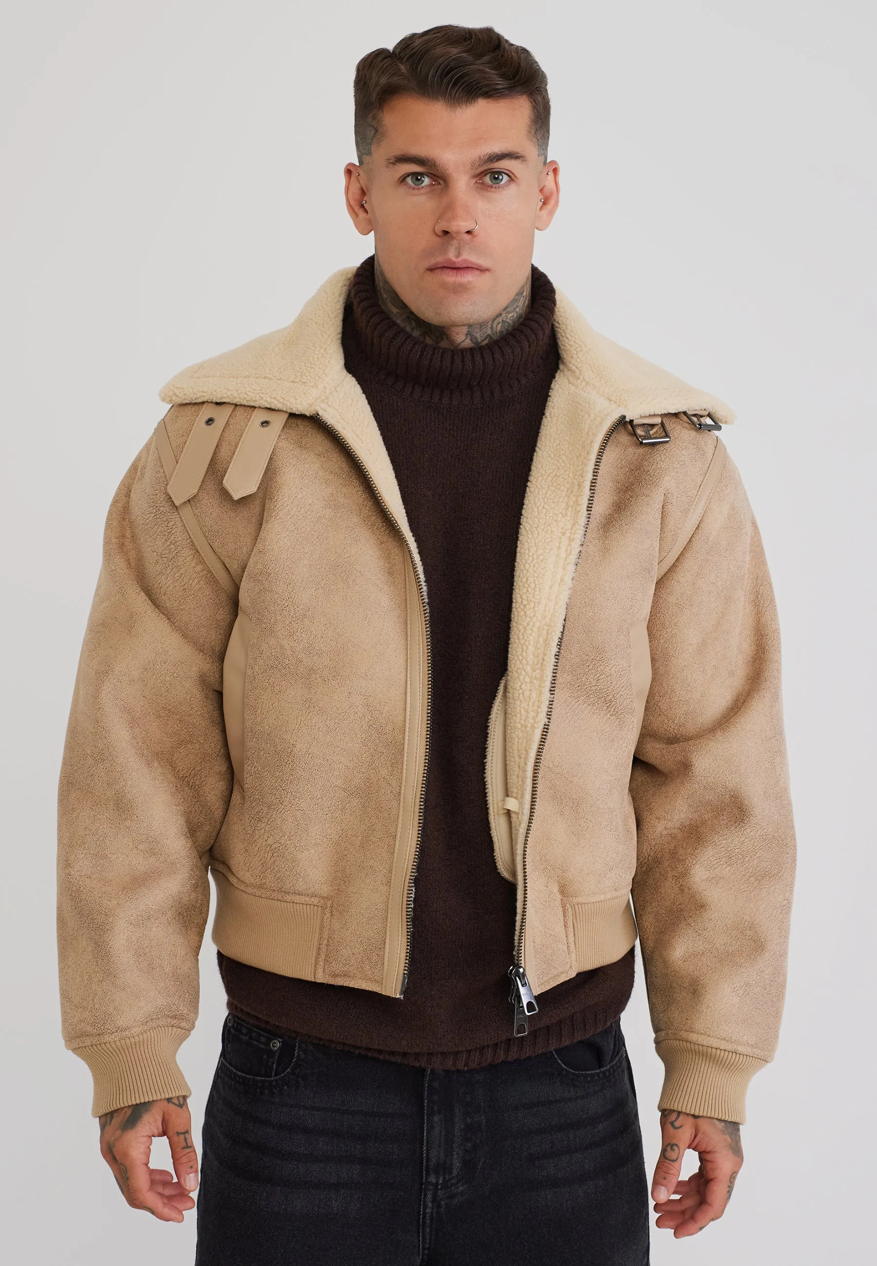 Beige Aviator Bomber Jacket sold by Siksilk