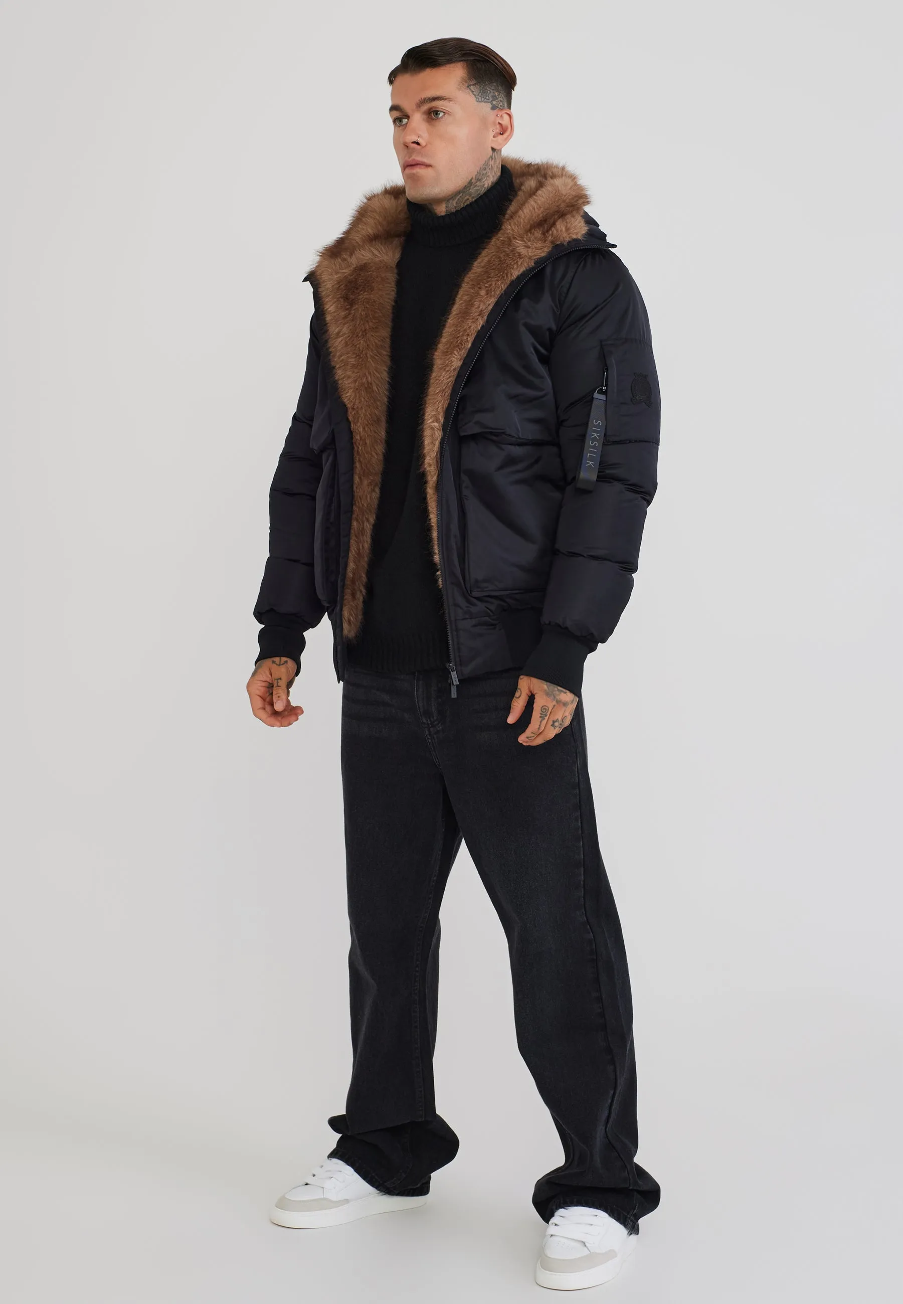 Black Hooded Bomber Jacket sold by Siksilk product image thumbnail 4