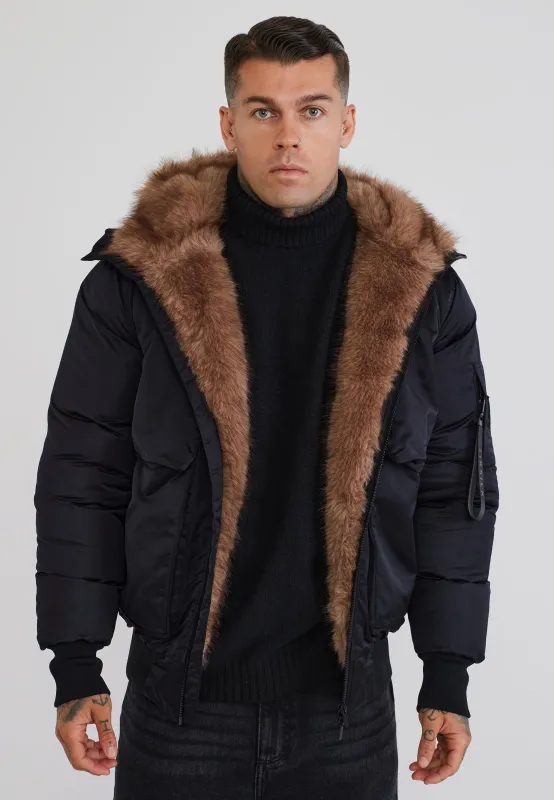Black Hooded Bomber Jacket made by Siksilk