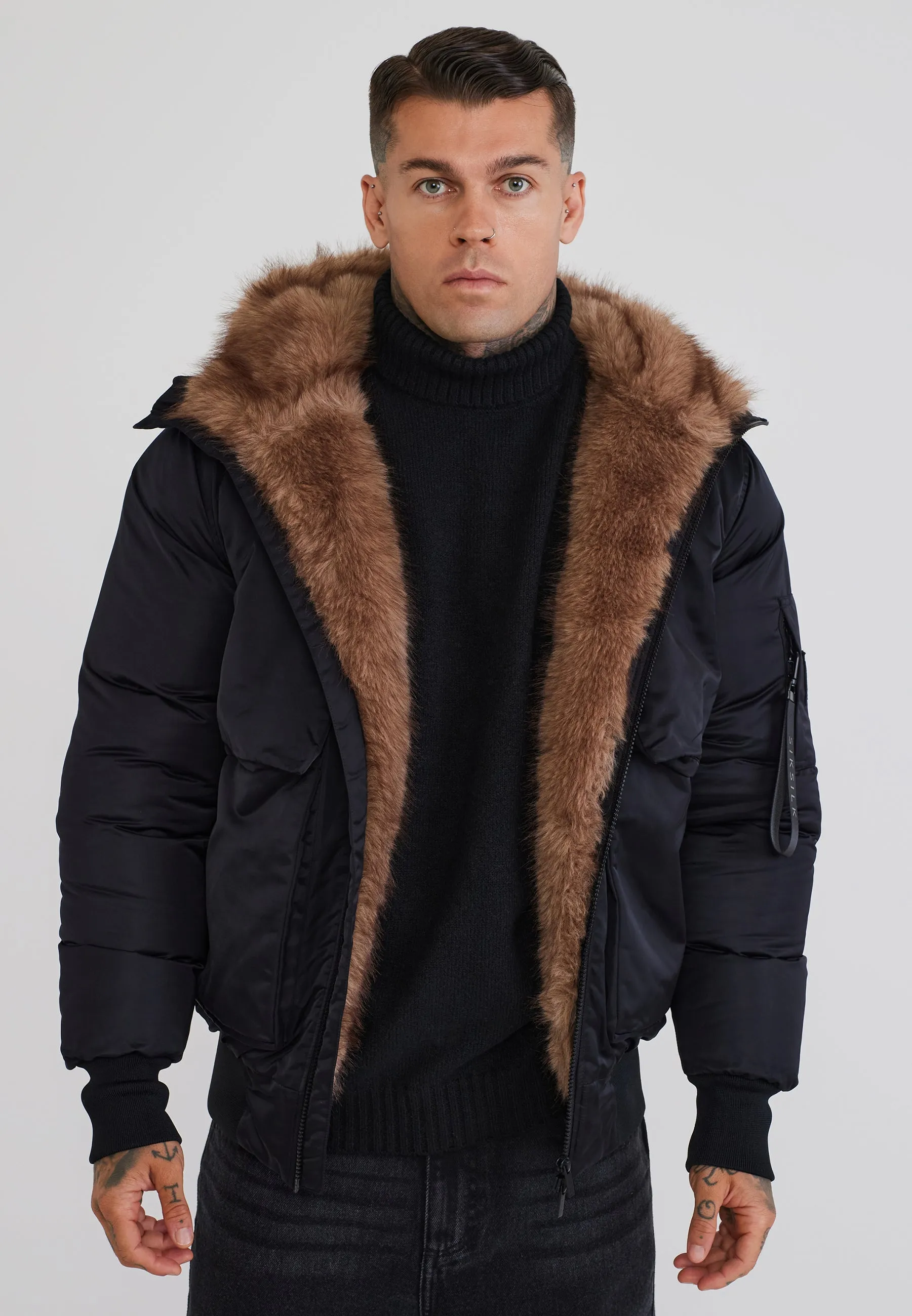Black Hooded Bomber Jacket sold by Siksilk
