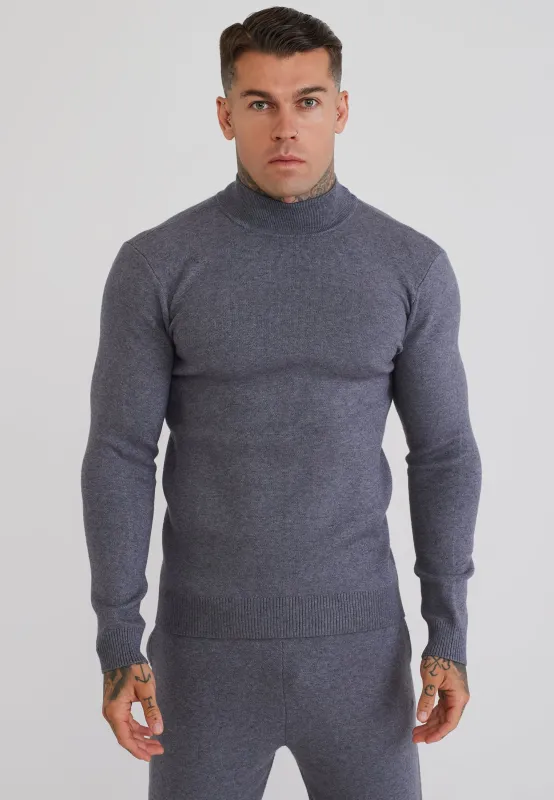 Grey Marl LS High Neck Knitted Sweater made by Siksilk