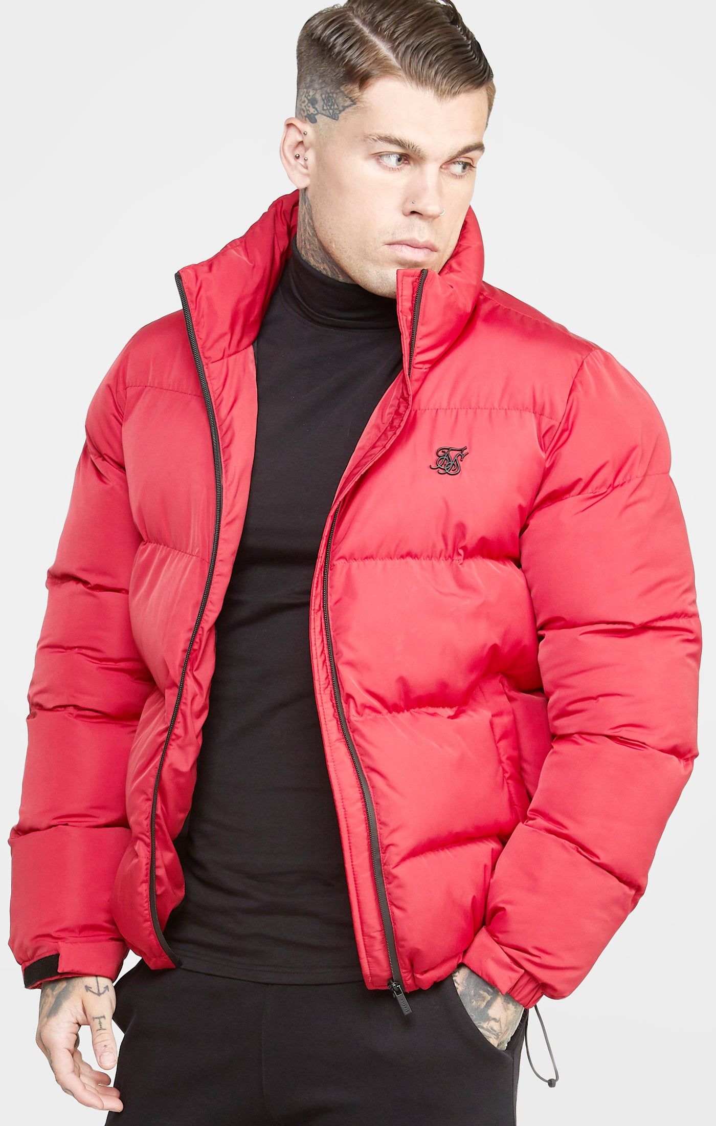 Red Embossed Logo Puffer Jacket sold by Siksilk