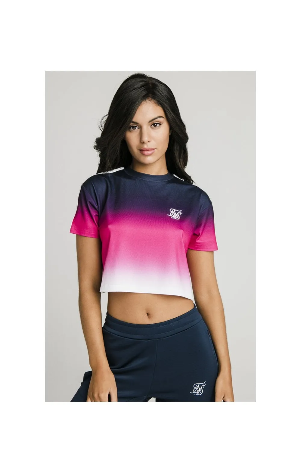 SikSilk Fade Tape Crop Tee - Navy,Pink & White sold by Siksilk