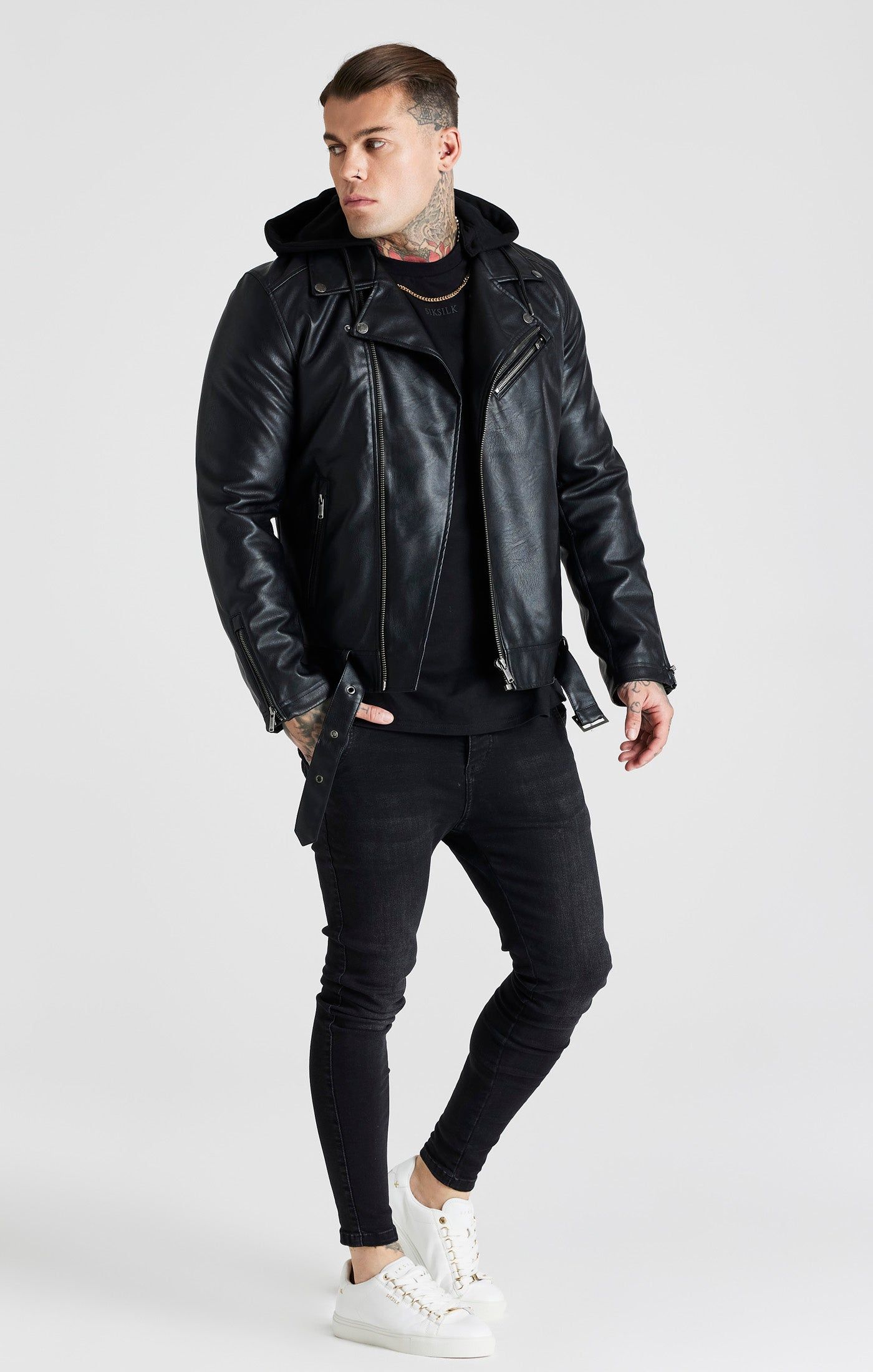 Black Hooded Biker Jacket sold by Siksilk product image thumbnail 3