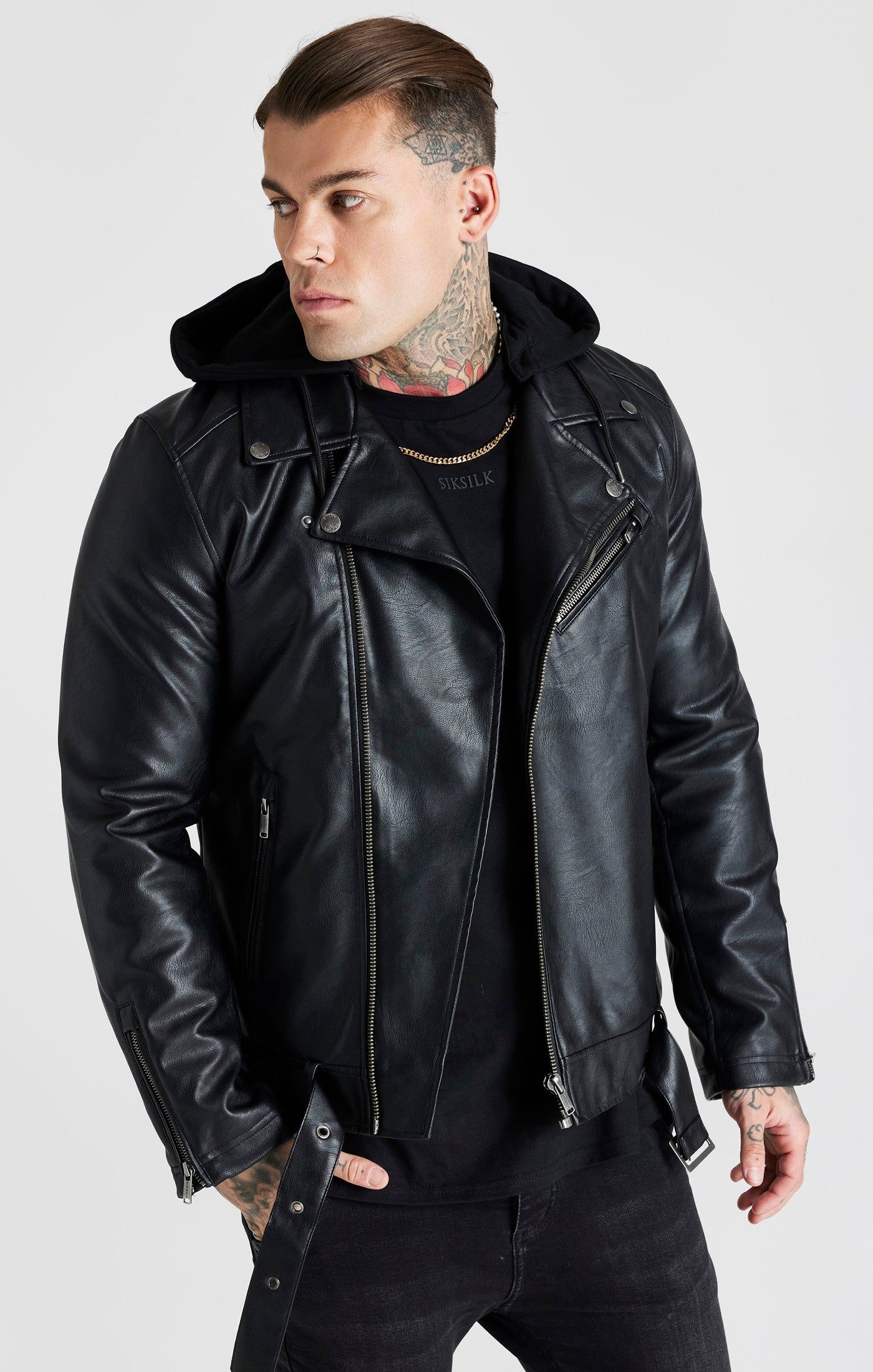 Black Hooded Biker Jacket sold by Siksilk