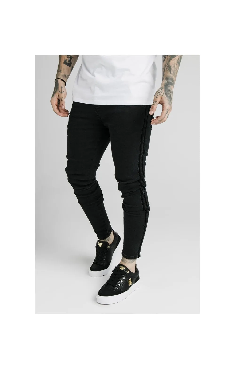 SikSilk Skinny Velour Stripe Jeans – Black sold by Siksilk