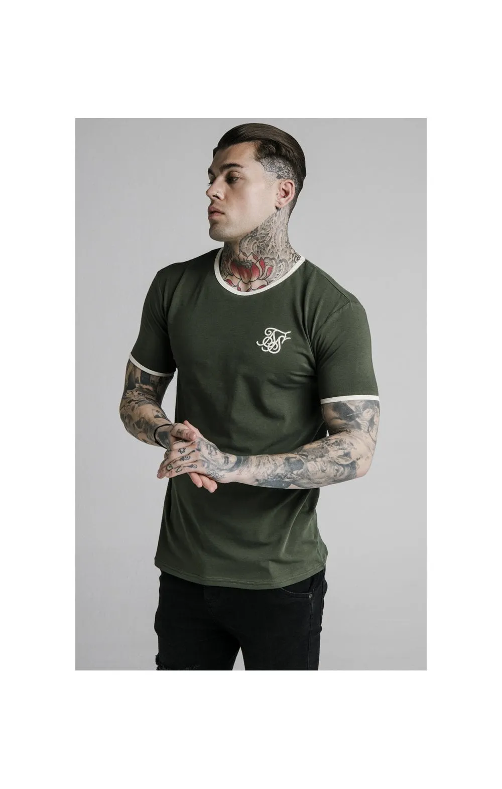 SikSilk Straight Hem Ringer Tee – Khaki & Off White sold by Siksilk