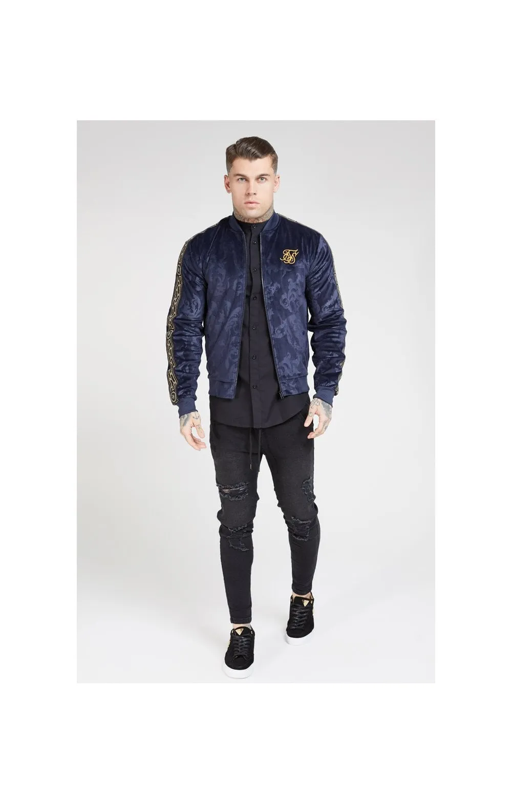 SikSilk Debossed Velour Bomber Jacket – Navy sold by Siksilk product image thumbnail 4
