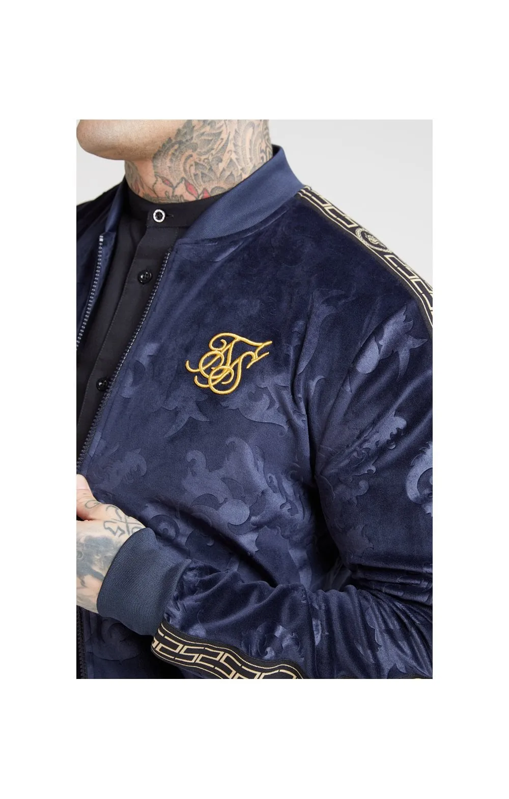 SikSilk Debossed Velour Bomber Jacket – Navy sold by Siksilk