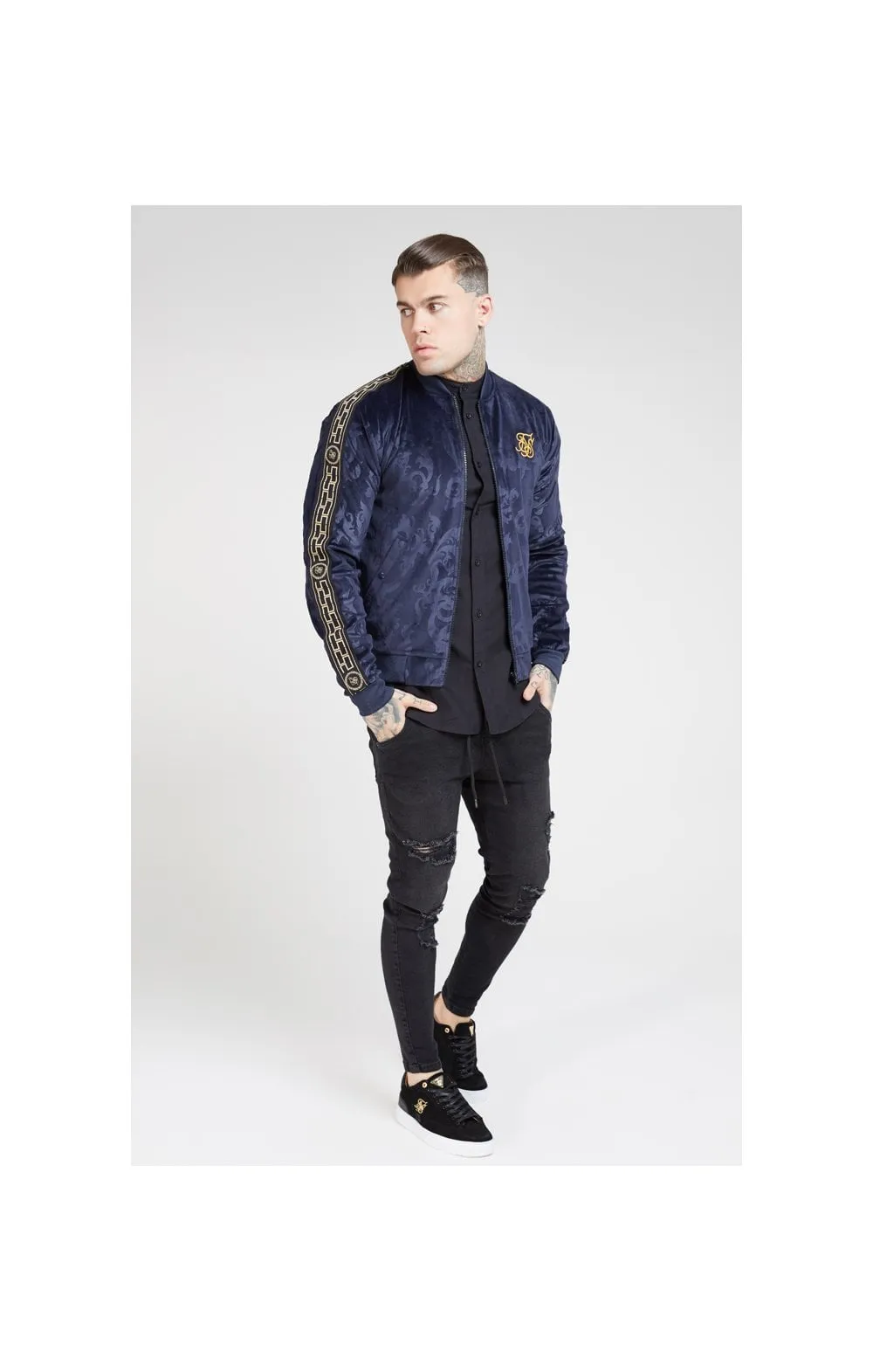SikSilk Debossed Velour Bomber Jacket – Navy sold by Siksilk product image thumbnail 5