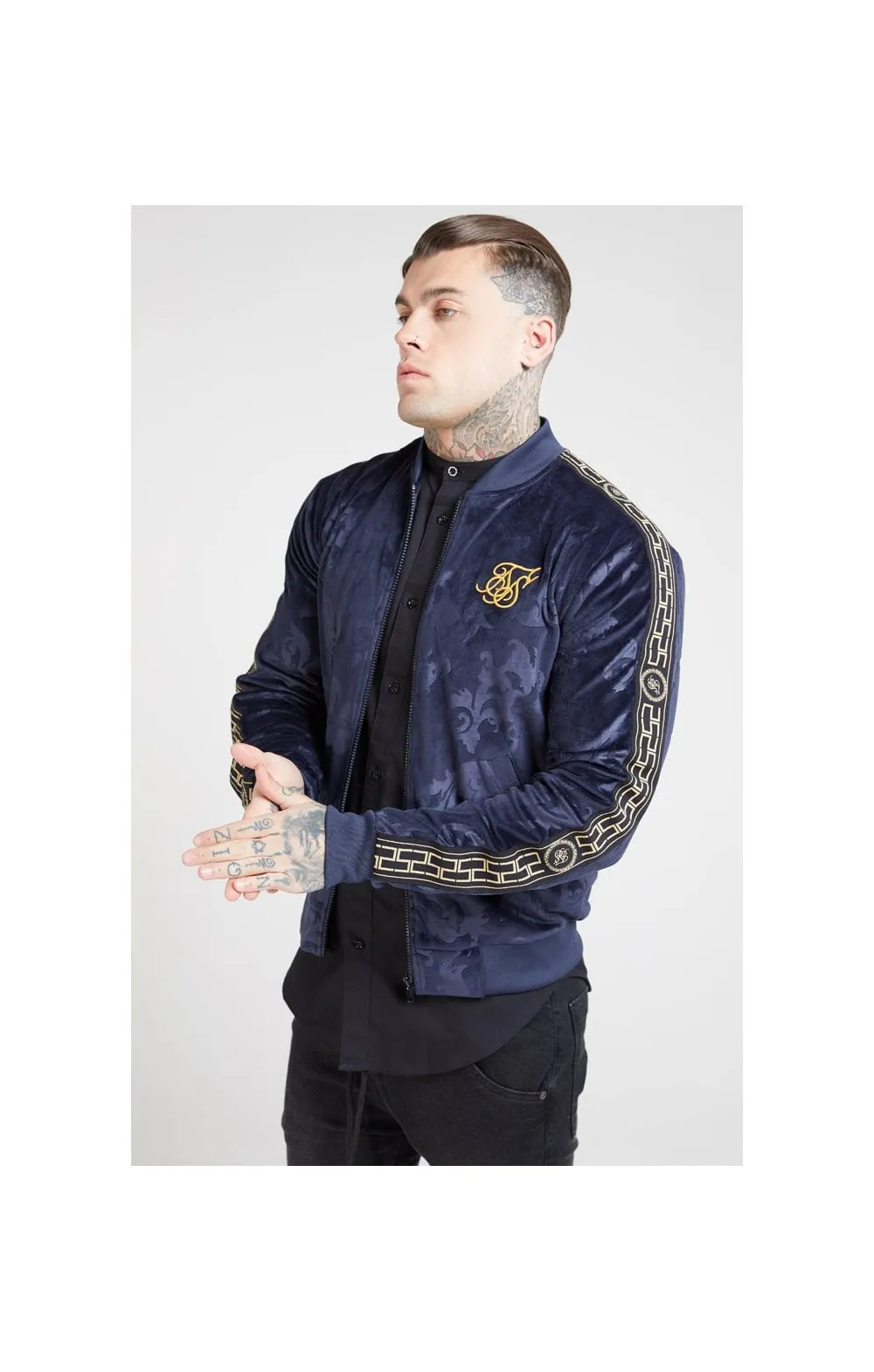 SikSilk Debossed Velour Bomber Jacket – Navy sold by Siksilk product image thumbnail 2
