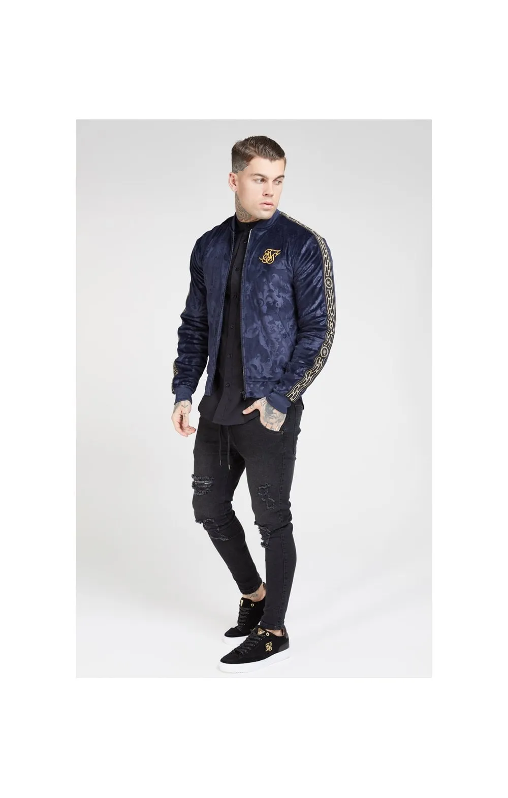 SikSilk Debossed Velour Bomber Jacket – Navy sold by Siksilk product image thumbnail 3