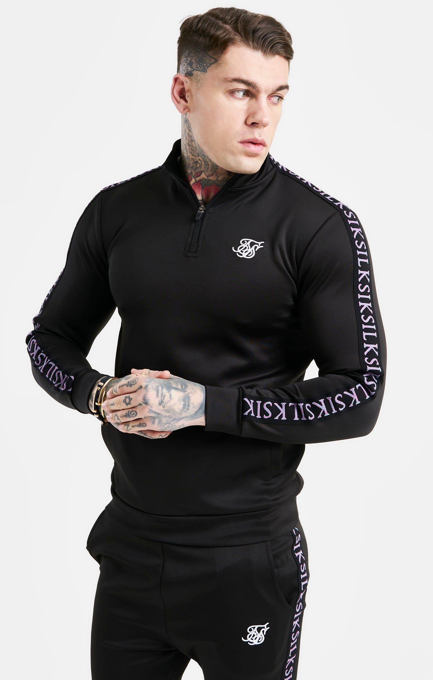 Black Taped Funnel Neck Quarter Zip Track Top sold by Siksilk