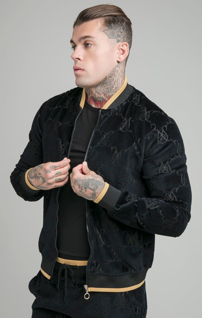 SikSilk Devore Velvet Bomber Jacket - Black | Parallel