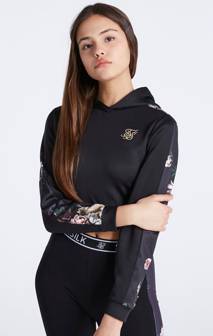 Girls Black Floral Panel Cropped Hoodie sold by Siksilk product image thumbnail 2