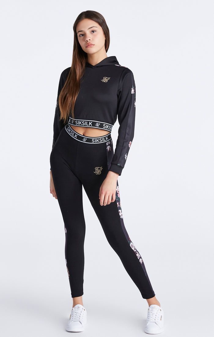 Girls Black Floral Panel Cropped Hoodie sold by Siksilk product image thumbnail 6