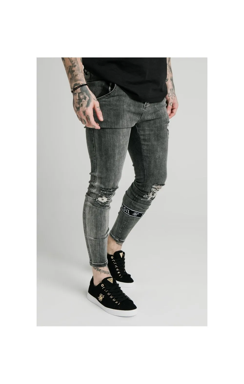 SikSilk Burst Knee Tape Jeans - Washed Black sold by Siksilk product image thumbnail 5