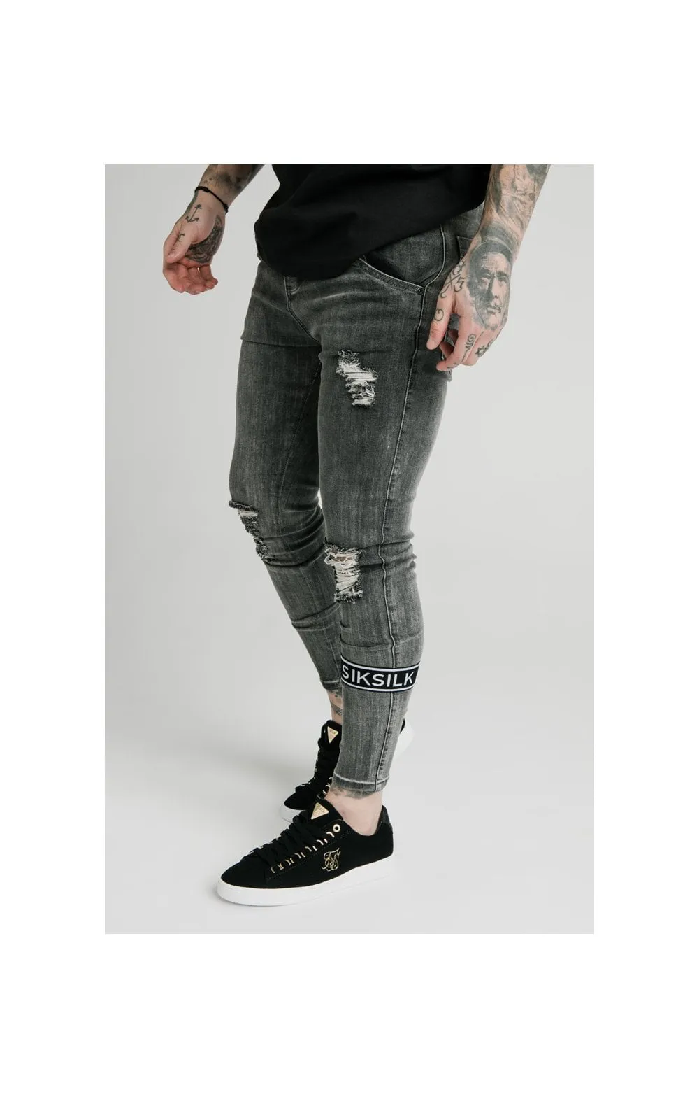 SikSilk Burst Knee Tape Jeans - Washed Black sold by Siksilk product image thumbnail 3