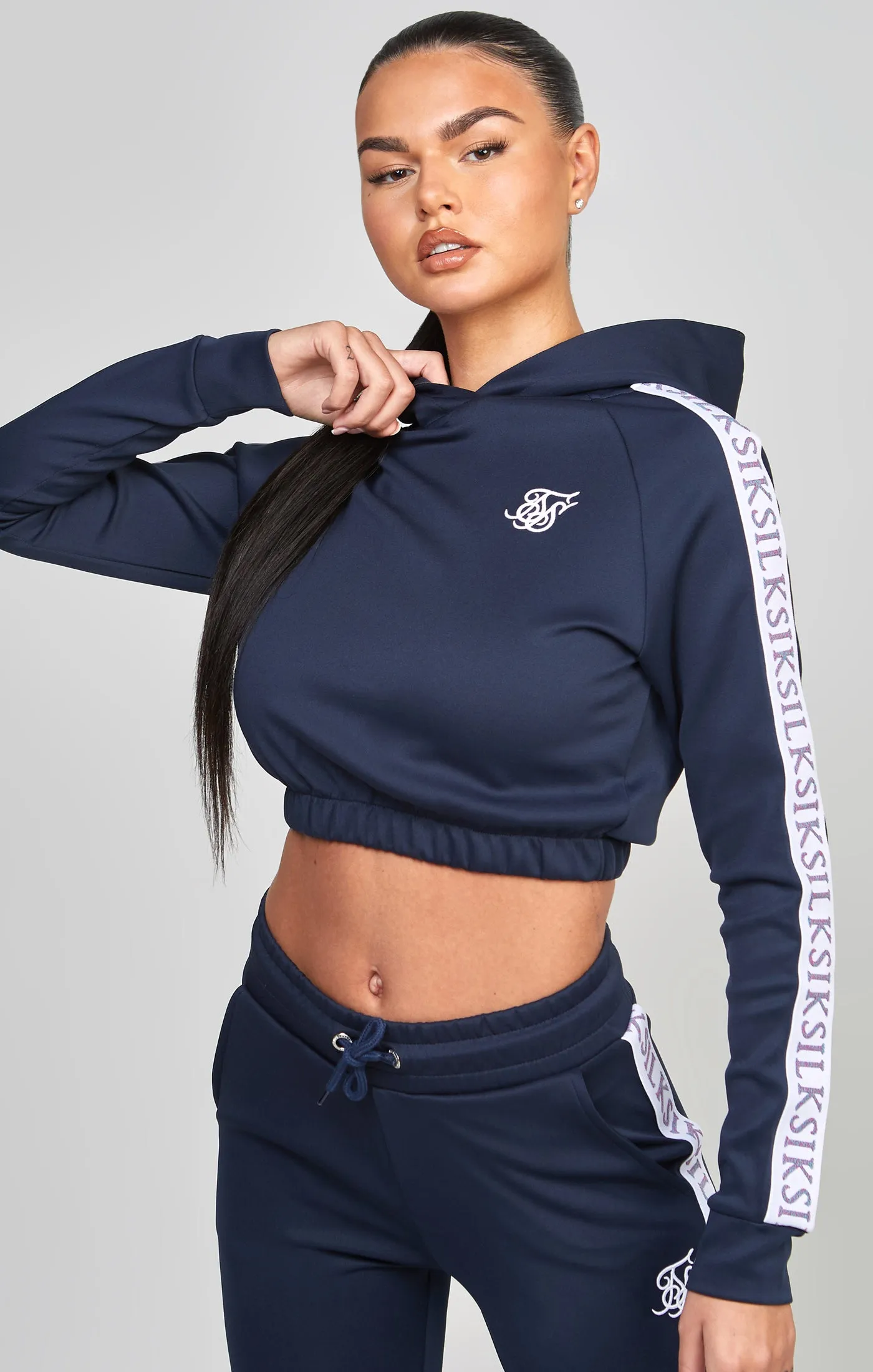 Navy Medley Tape Crop Hoodie sold by Siksilk