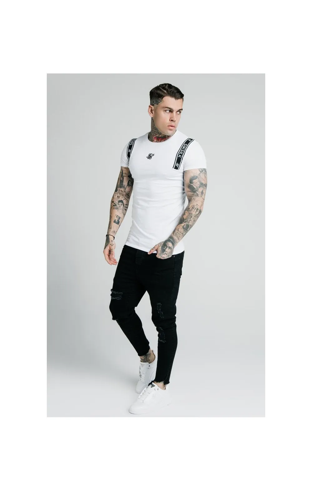 SikSilk Straight Hem Printed Gym Tee - White & Black sold by Siksilk