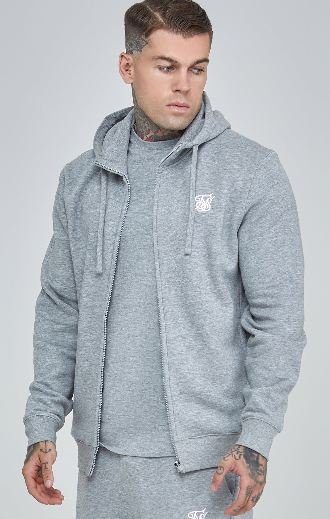 Grey Marl Essential Zip-Thru Funnel Hoodie sold by Siksilk