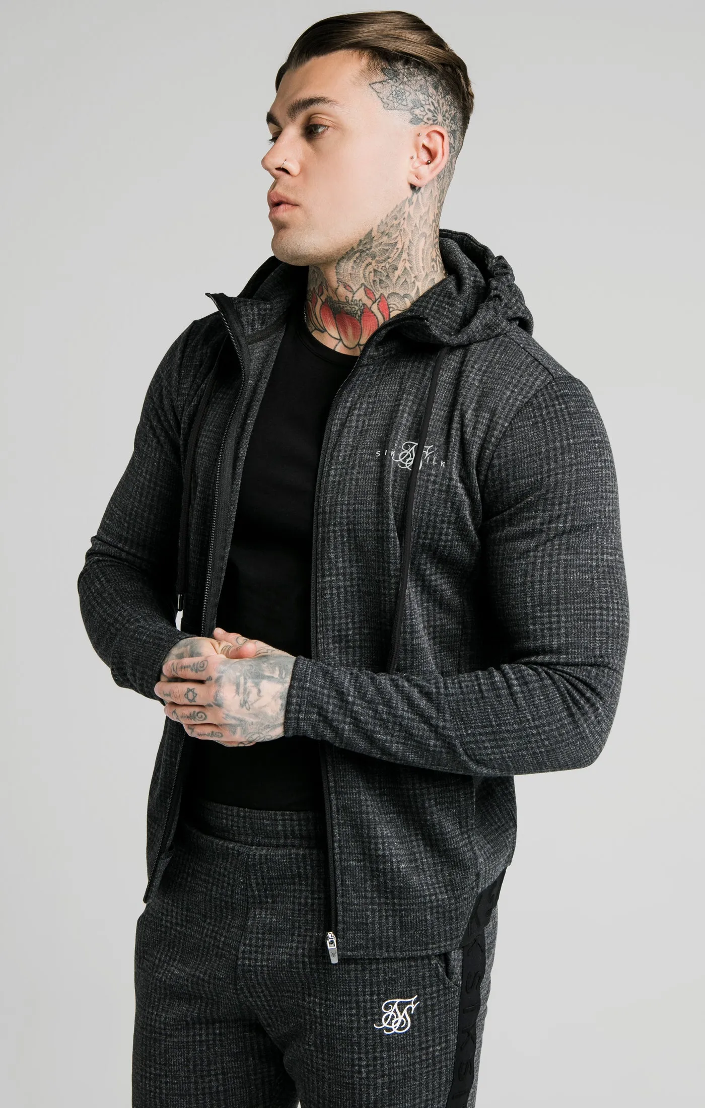 SikSilk Tonal Check Agility Zip Through Hoodie - Grey sold by Siksilk