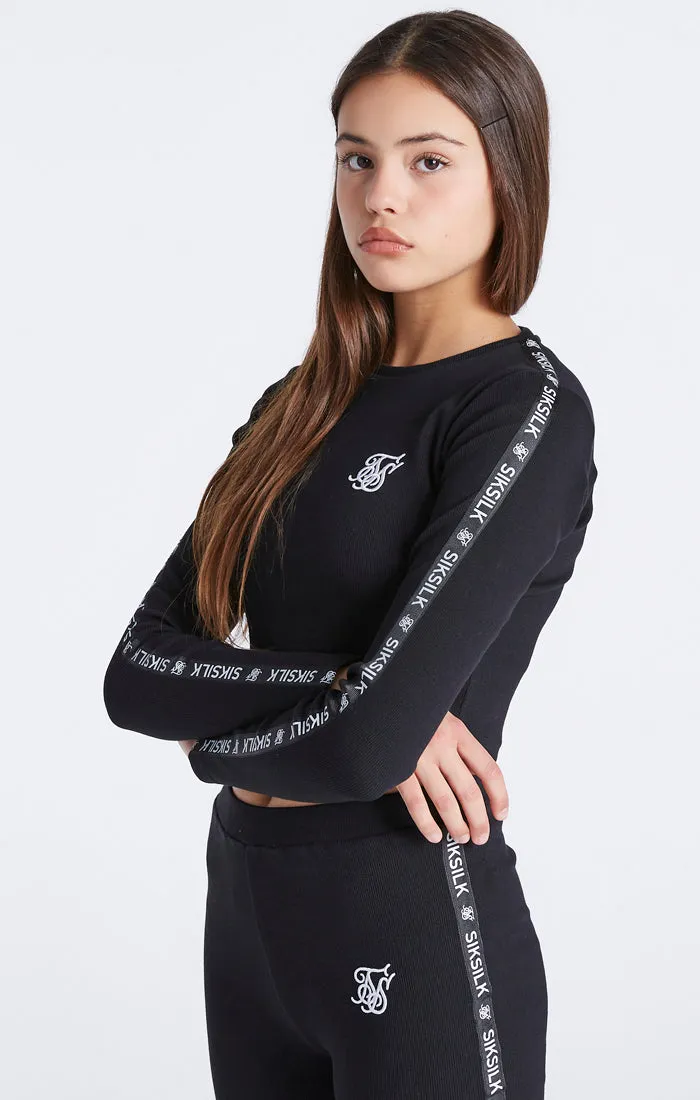 Girls Black Ribbed Taped Cropped T-Shirt sold by Siksilk