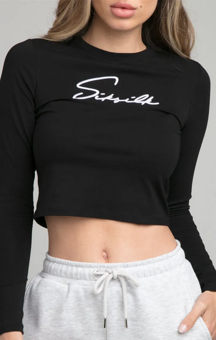 SikSilk Long Sleeve Signature Crop Tee - Black sold by Siksilk