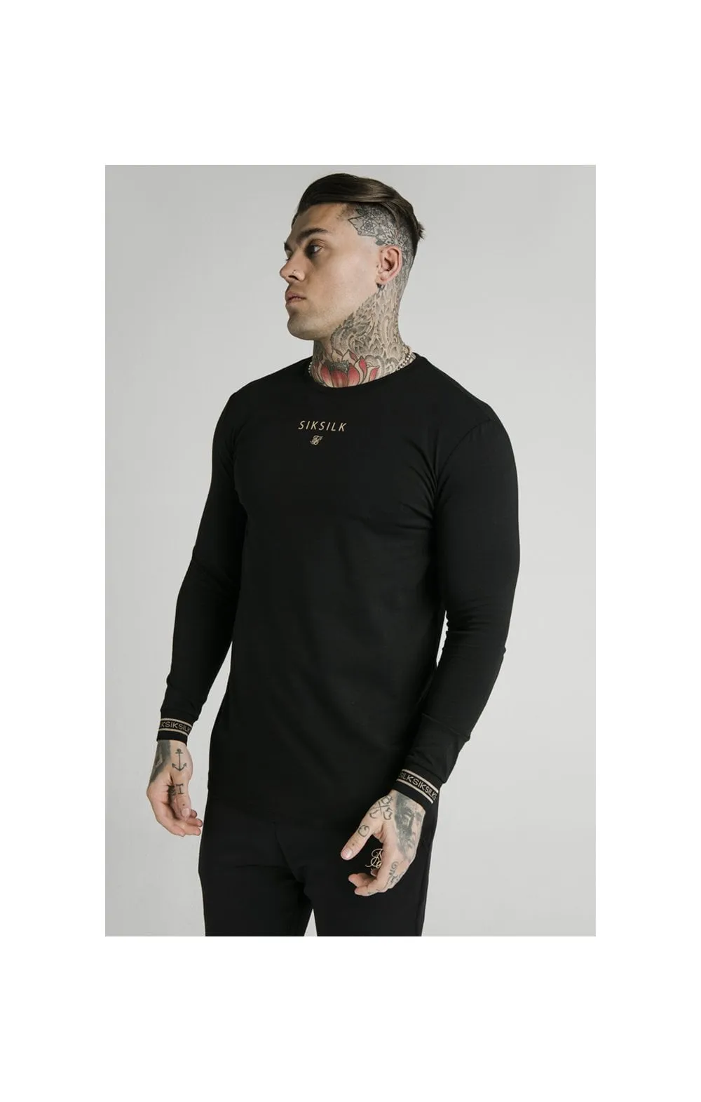 SikSilk Element L/S Straight Hem Gym Tee – Black & Gold sold by Siksilk