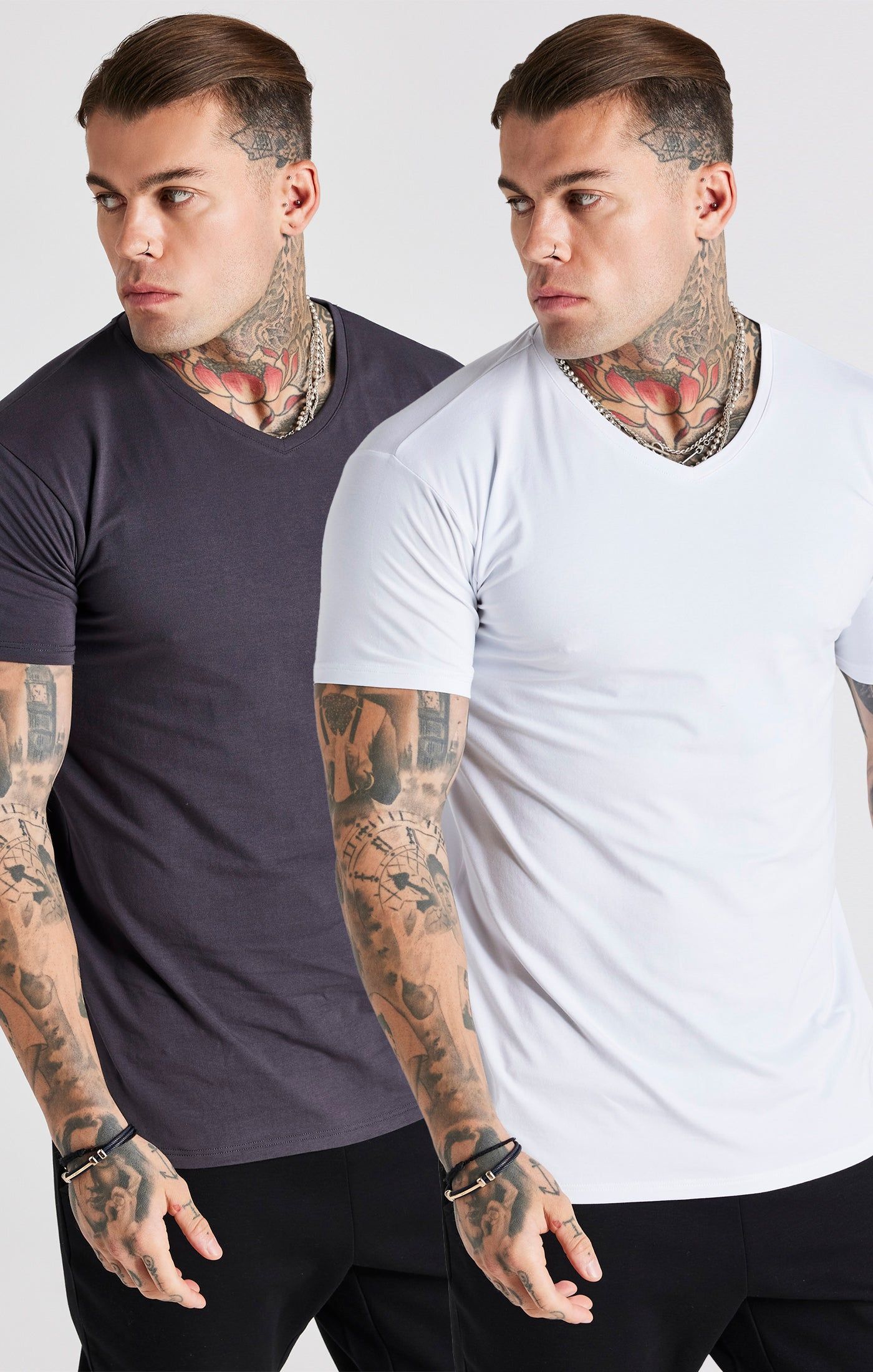 White And Grey Twin Pack V-Neck T-Shirt sold by Siksilk