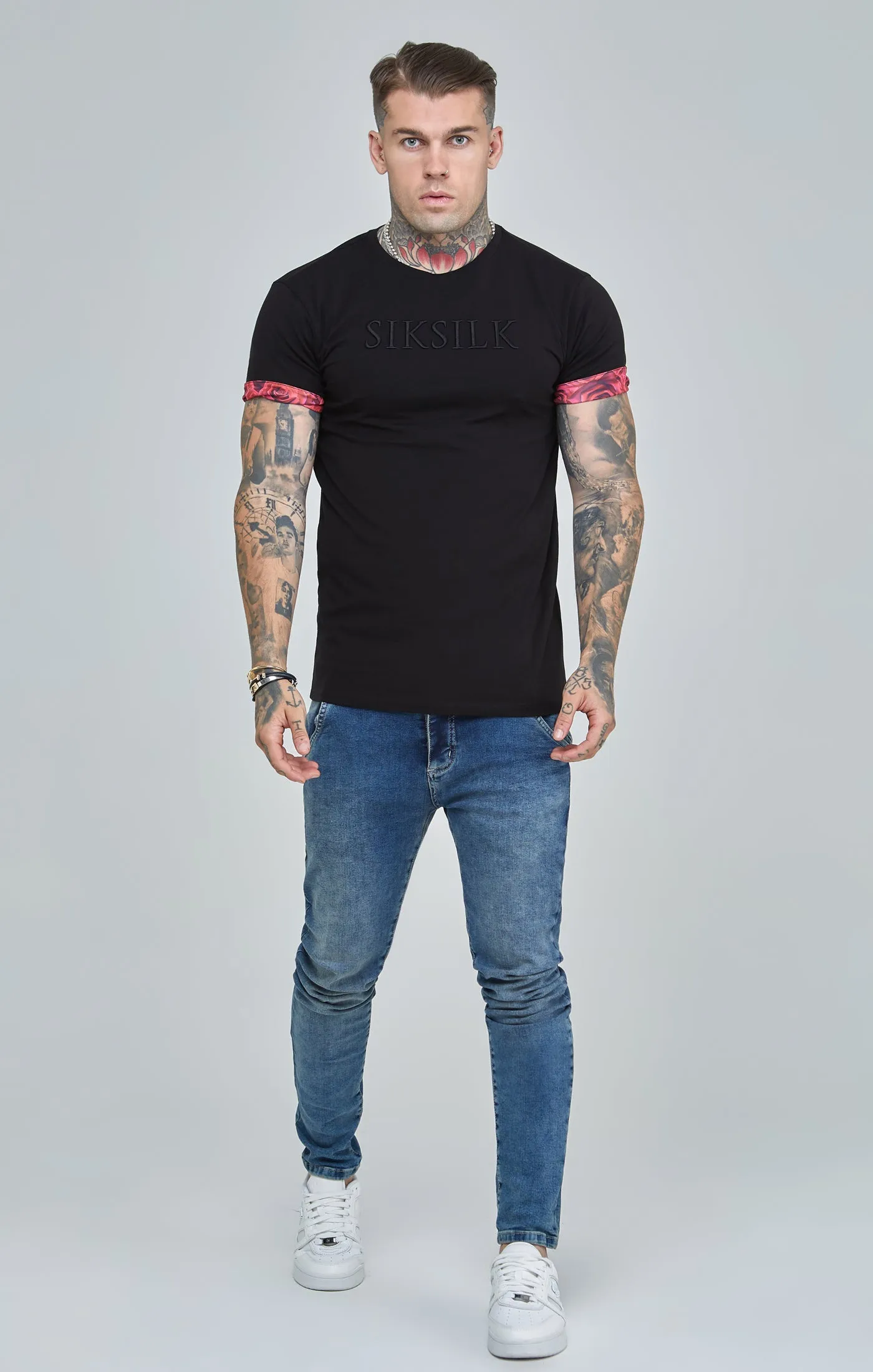 Black Rose Print Roll Sleeve T-Shirt sold by Siksilk product image thumbnail 2