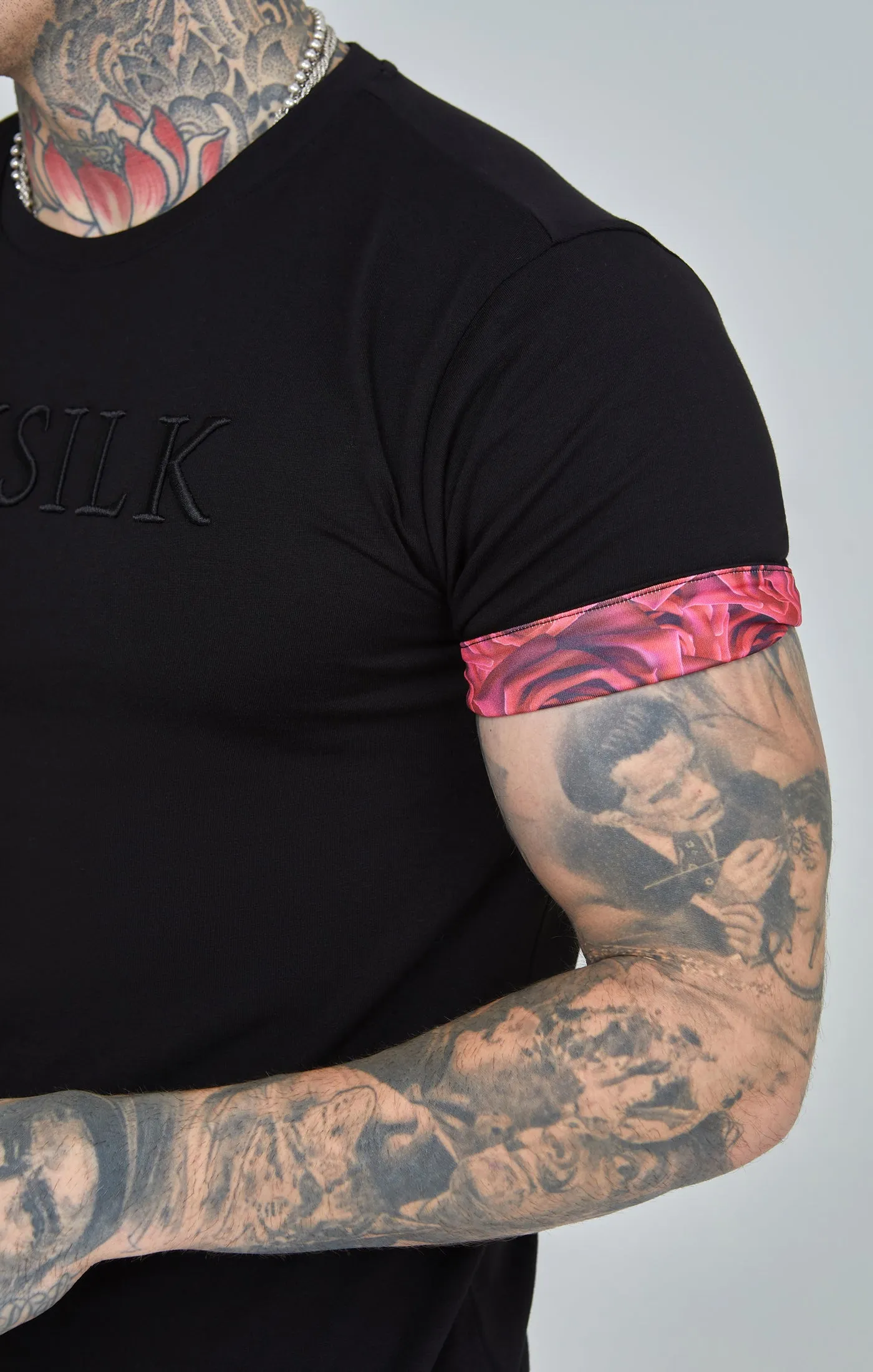 Black Rose Print Roll Sleeve T-Shirt sold by Siksilk product image thumbnail 3