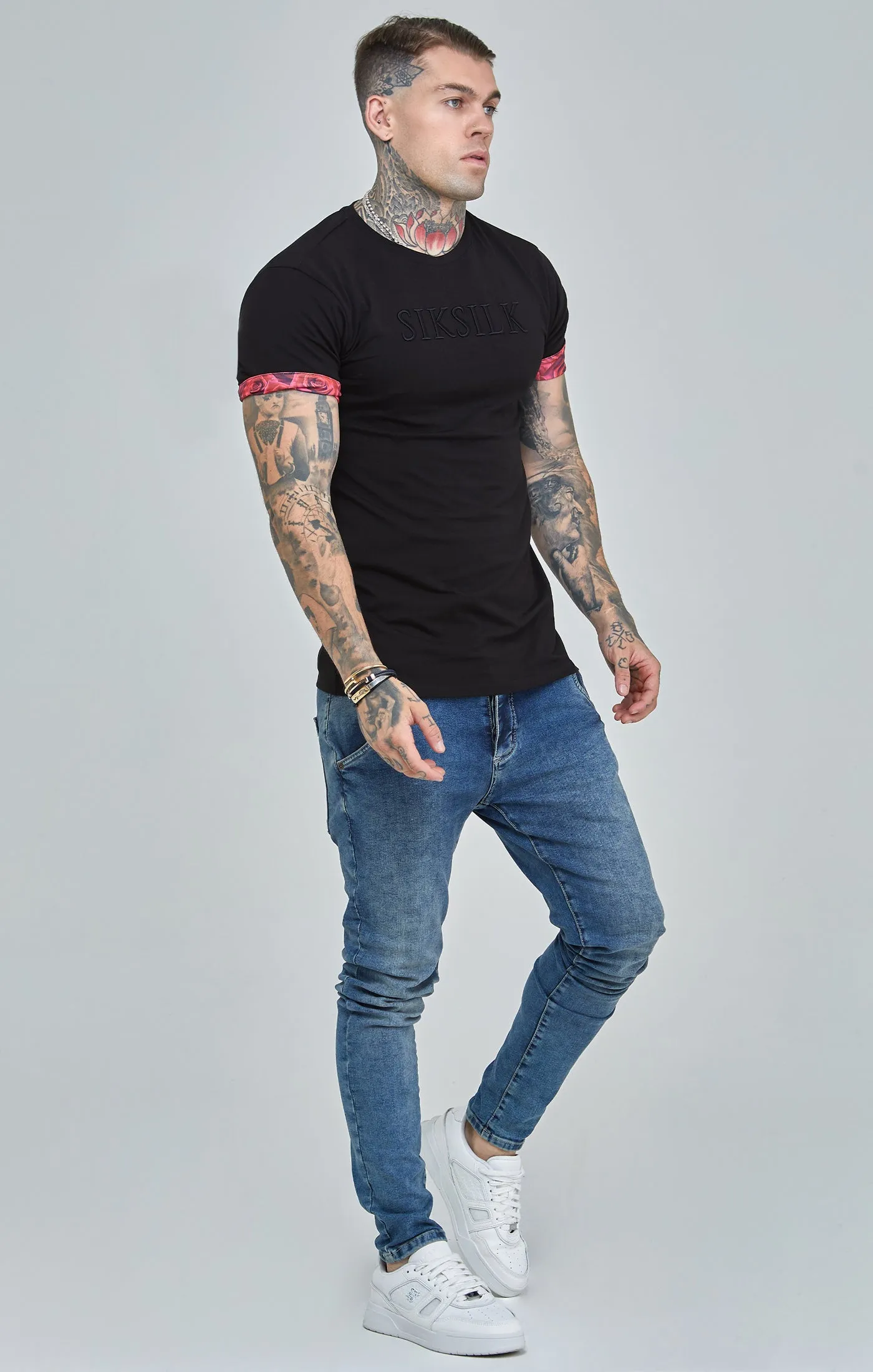 Black Rose Print Roll Sleeve T-Shirt sold by Siksilk product image thumbnail 4