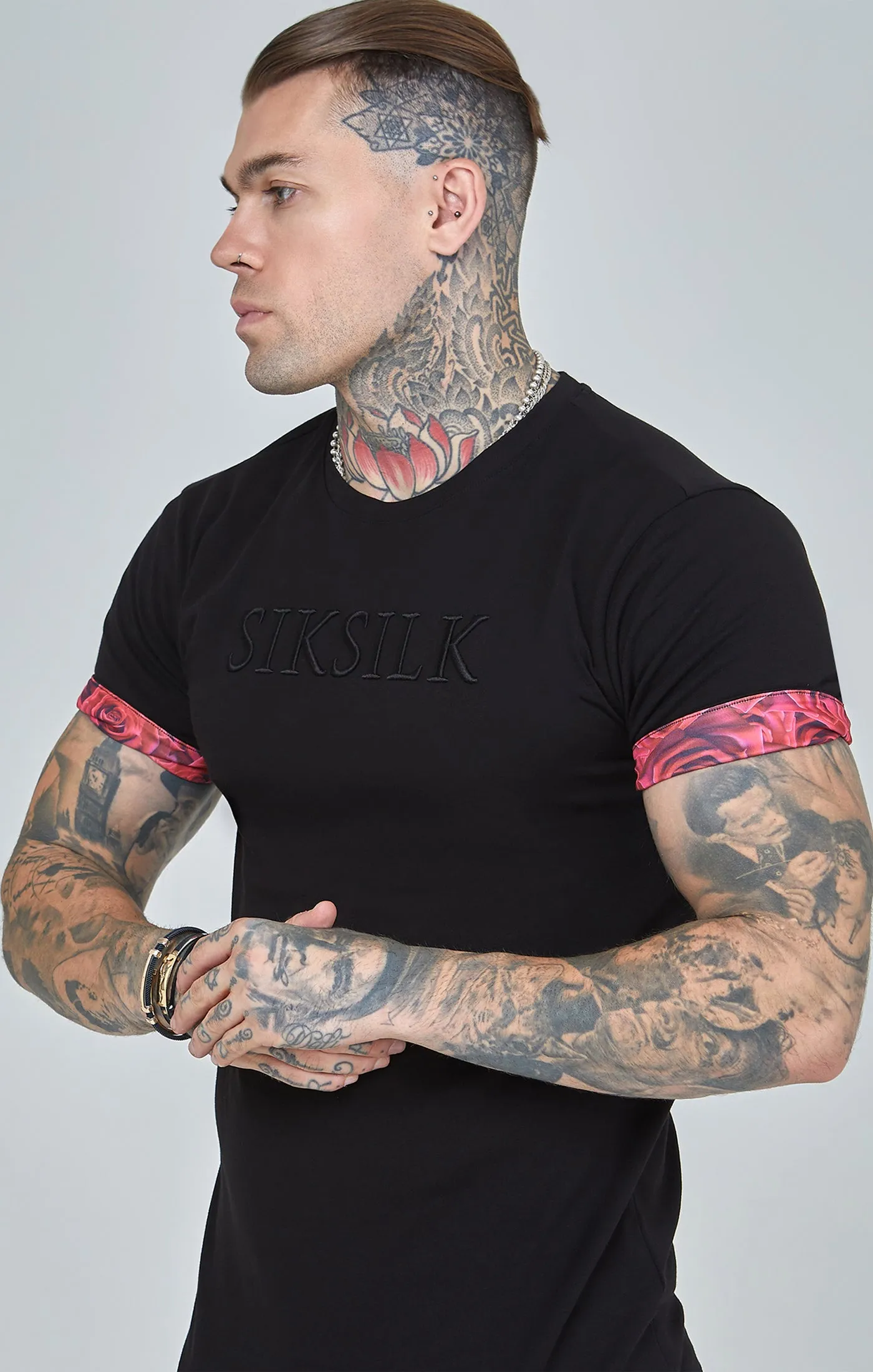 Black Rose Print Roll Sleeve T-Shirt sold by Siksilk