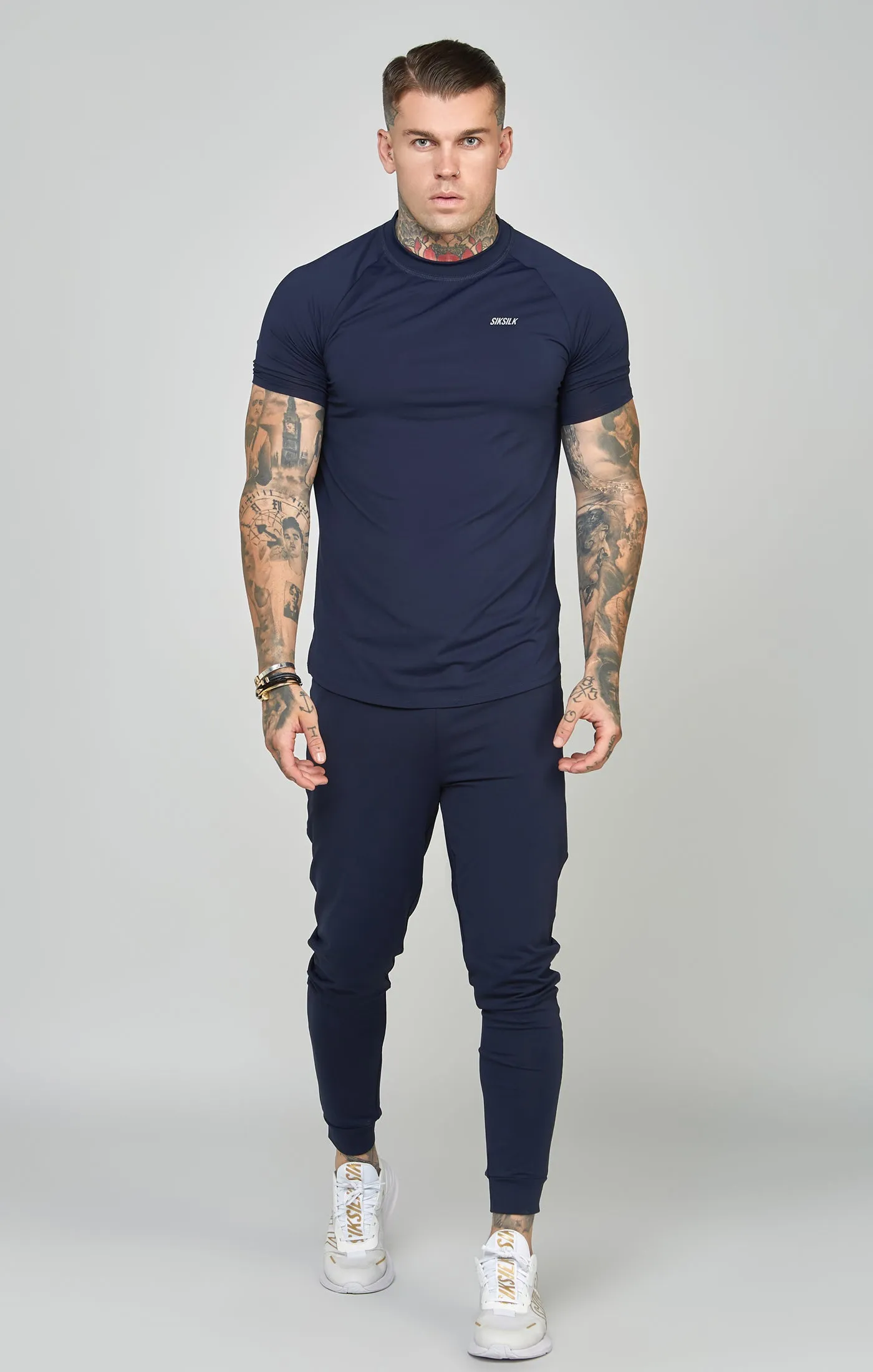 Navy Sports Curved Hem Muscle Fit T-Shirt sold by Siksilk product image thumbnail 3