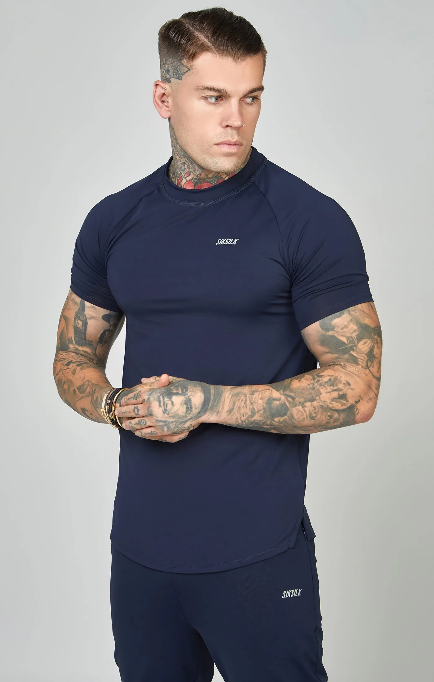 Navy Sports Curved Hem Muscle Fit T-Shirt sold by Siksilk product image thumbnail 4